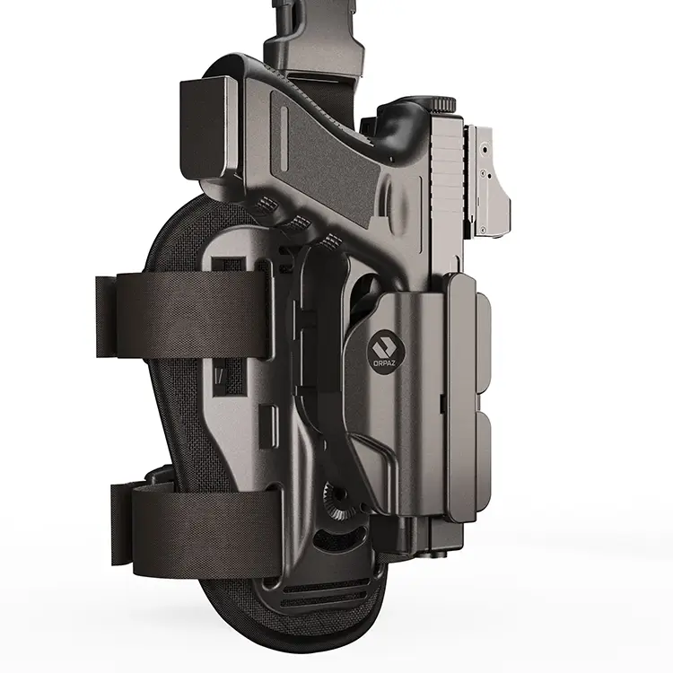 נרתיק לאקדח עם אמצעים אופטיים אורפז T41 מורכב על פלטפורמת ירך