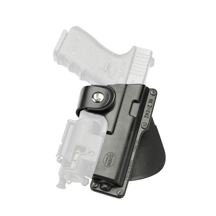 נרתיק לגלוק 17, גלוק 19 ו-31 המאפשר התקנת אמצעי תאורה או תוספים על גבי מסילת האקדח