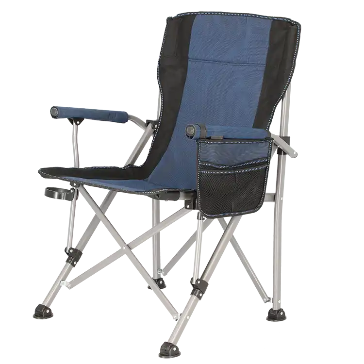 כיסא קמפינג מתקפל כחול על הצד