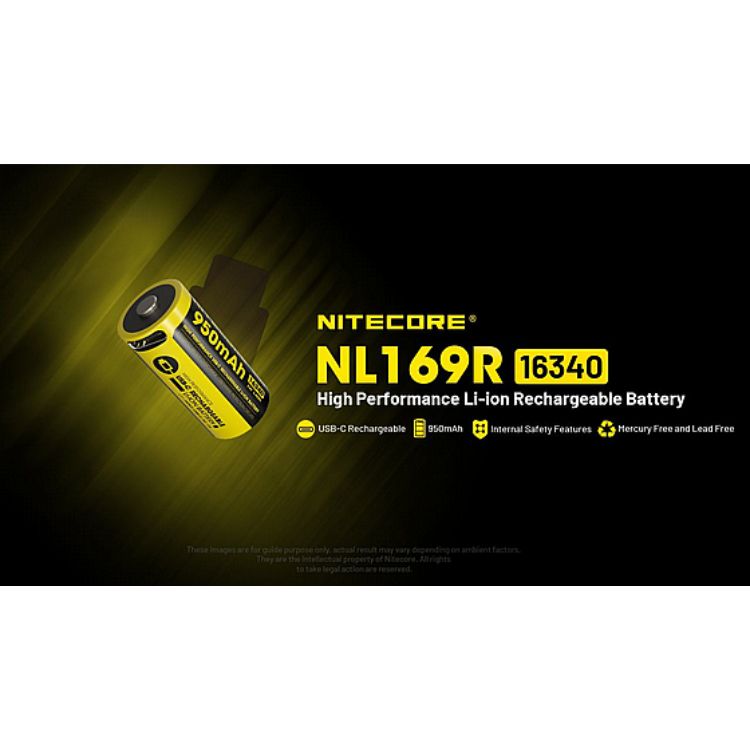 סוללת ליתיום CR123A 16340 עם טעינת USB-C של Nitecore