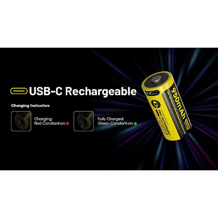 סוללת ליתיום CR123A 16340 עם טעינת USB-C של Nitecore