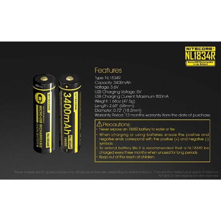 סוללת ליתיום עם טעינת USB, סוג 18650 3400mAh של Nitecore