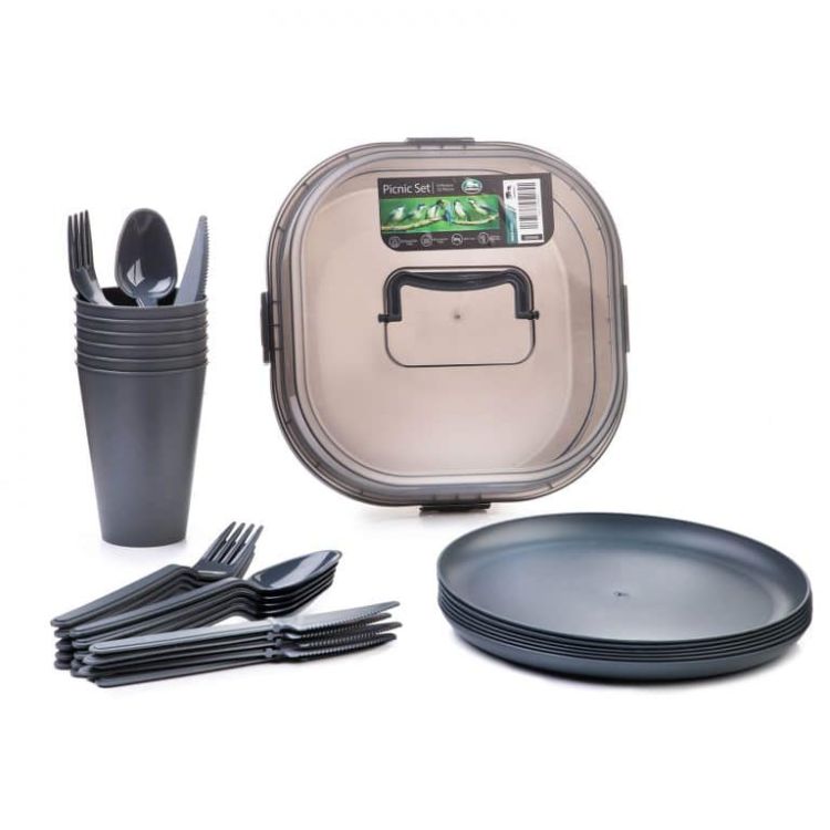 סט פיקניק רב פעמי ל-6 אנשים – צלחות, כוסות וסכו”ם – אפור
