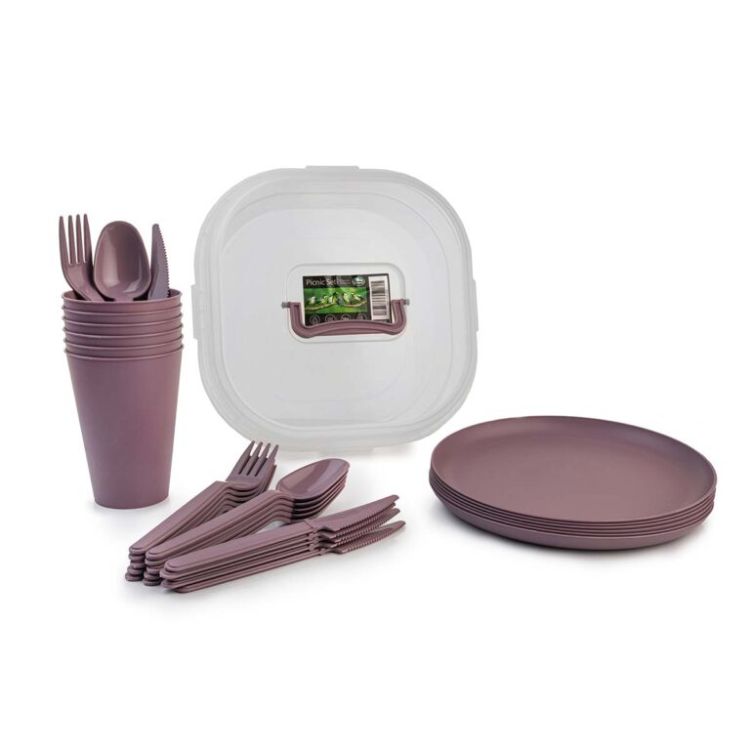 סט פיקניק רב פעמי ל-6 אנשים – צלחות, כוסות וסכו”ם – סגול