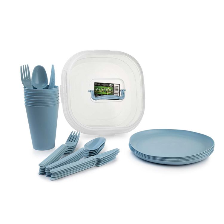 סט פיקניק רב פעמי ל-6 אנשים – צלחות, כוסות וסכו”ם – תכלת(1)